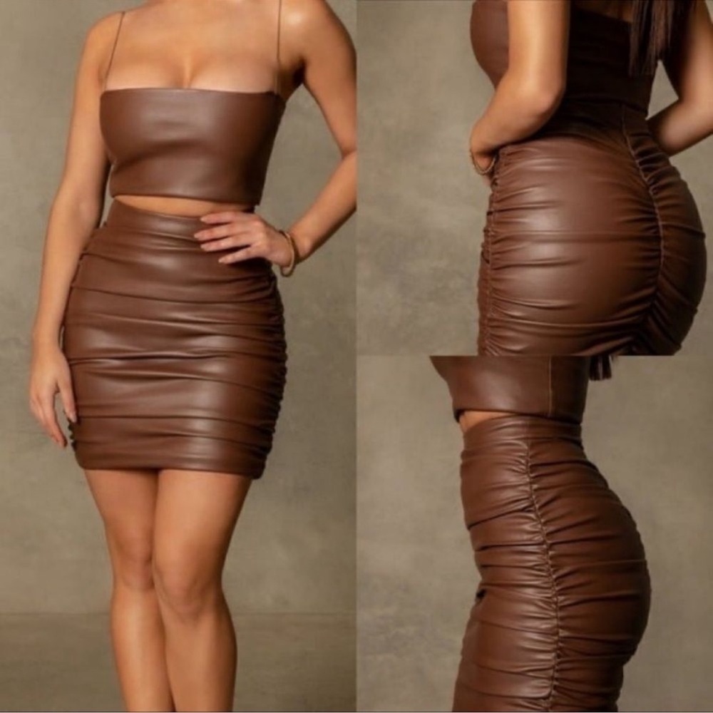 Meshki Brown SEXY Midi leather Skirt Size 2/4